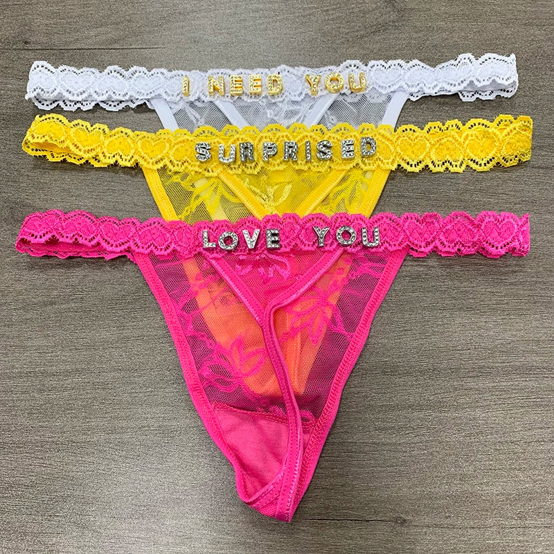 Custom Name tanga Underwear Crystal Letters Personalized Thong Women Lace Bikini G-String Panty