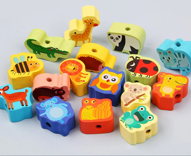 Monterssori Baby DIY Wooden Toys Cartoon Fruit Animal Stringing Threading Wooden Beads Educational Toys for Kids Christmas Gift