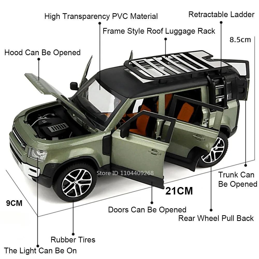 1:24 Scale Land Rover Defender Range Rover Model Car Toy Metal Diecast Sound Light Off Road Vehicles Miniature Models Boys Gifts
