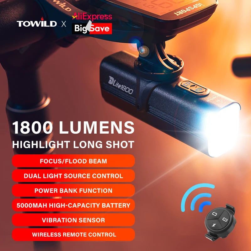 Bicycle Lights 1200LM/1800LM Focus/Flood Beam Dual Light Source LED Smart Bike Front Lights IPX6  Mtb Cycling Headlights