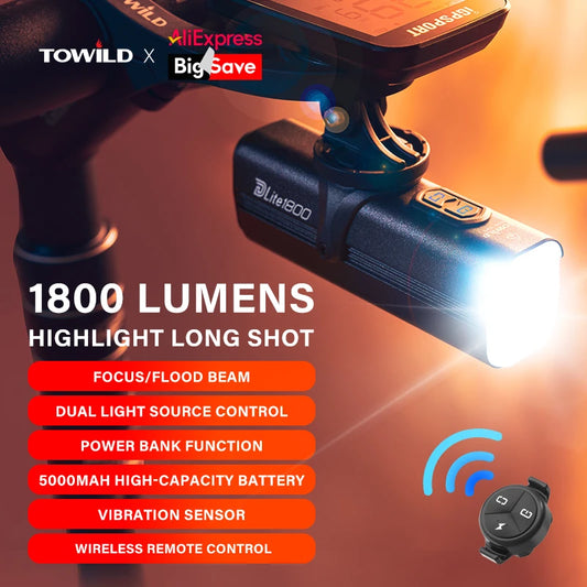 Bicycle Lights 1200LM/1800LM Focus/Flood Beam Dual Light Source LED Smart Bike Front Lights IPX6  Mtb Cycling Headlights