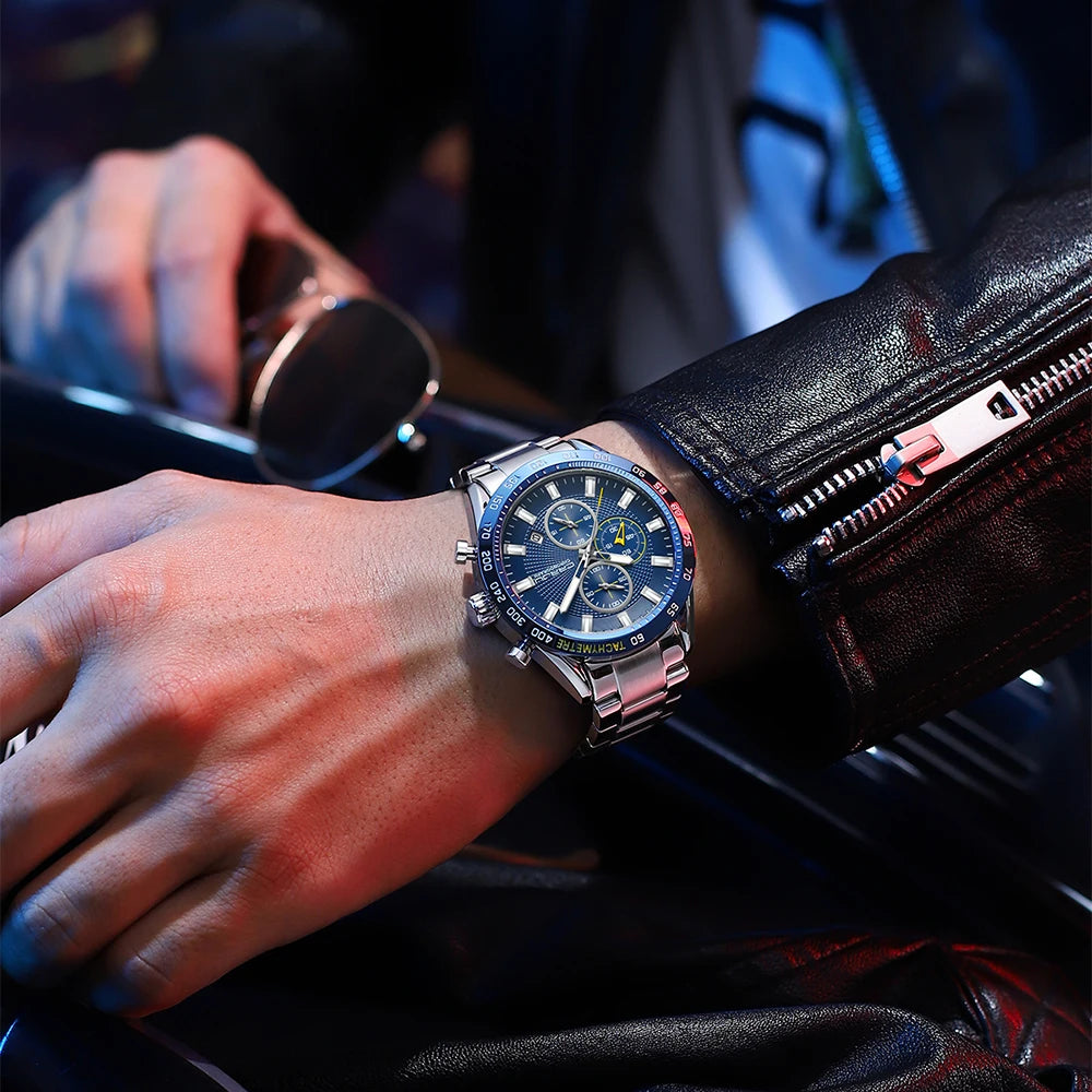 Men Watch Fashion Sports Chronograph Wristwatches Stainless Steel Strap with Auto Date