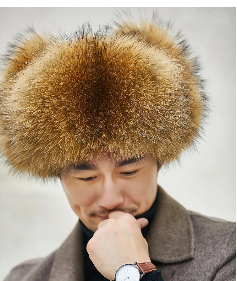 Fox Fur Cap Man Winter Genuine 100% Fur Bomber Hat Windproof Warm Earmuffs Male Flat Grey/Black Russian Hat Fitted Casquette