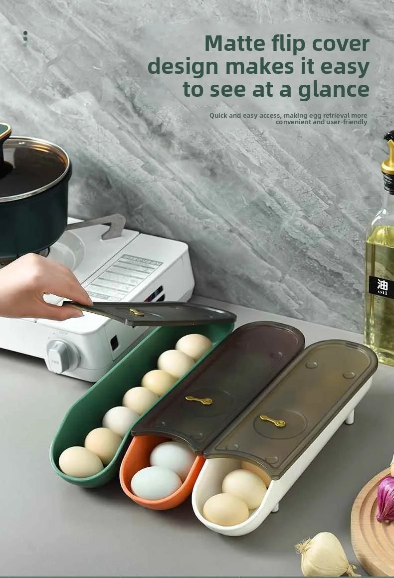 Refrigerator Egg Tray with Stable Timer & Cover – Automatic Egg Storage Box Home Food Organizer