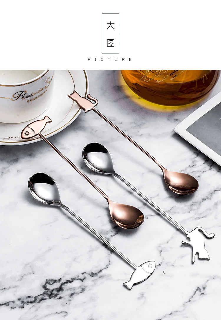 Coffee Spoon Lovely Cute Cat Shape Teaspoon Dessert Snack Scoop Ice Cream Mini Spoons Kitchen ToolsTableware 304 Metal