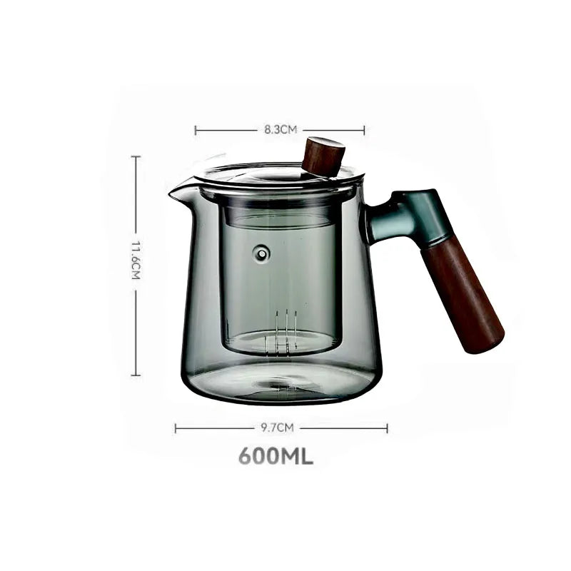 600ml Walnut Wooden Handle Glass Teapot with Tea Water Separation Filter