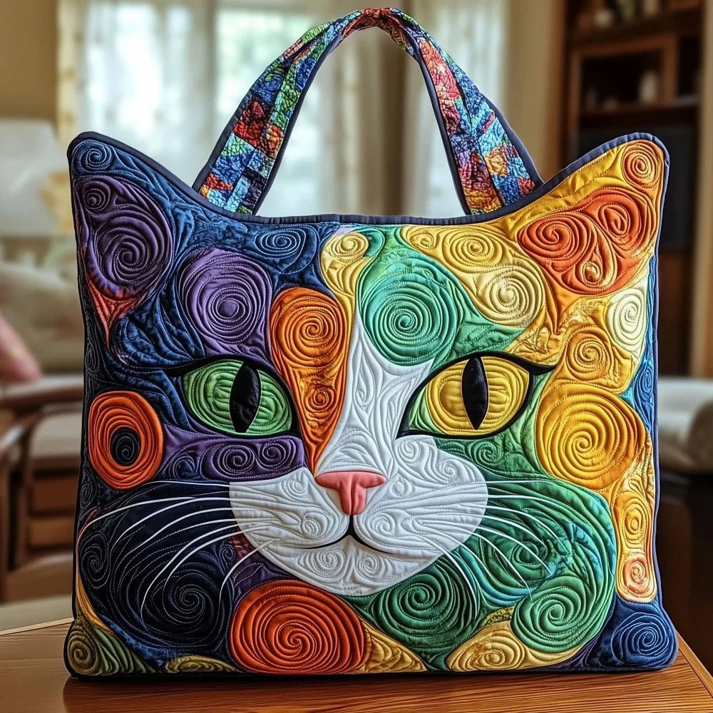 Cat Print Quilted Cotton Tote Bag Large Capacity Travel Shopping Handbag