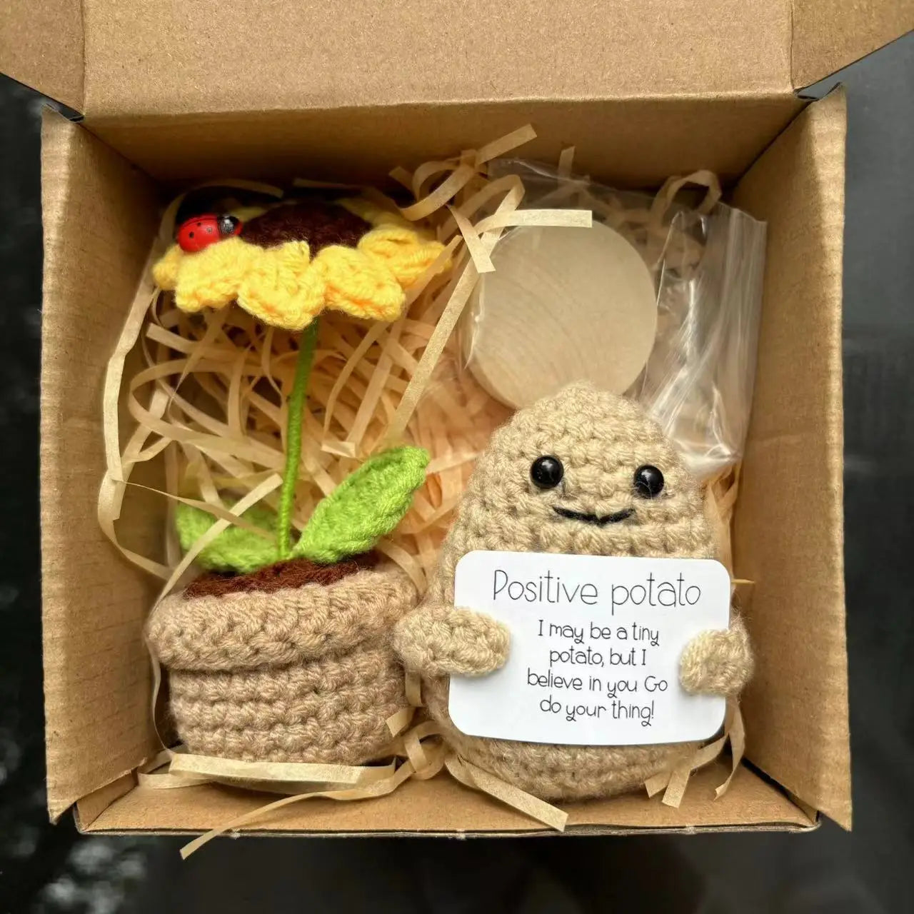 4 Pcs Positive Energy Cucumber with Sunflower Pot Kit Home Room Decor Funny Handmade Knitted Potatoes Wool Doll Christmas Gifts