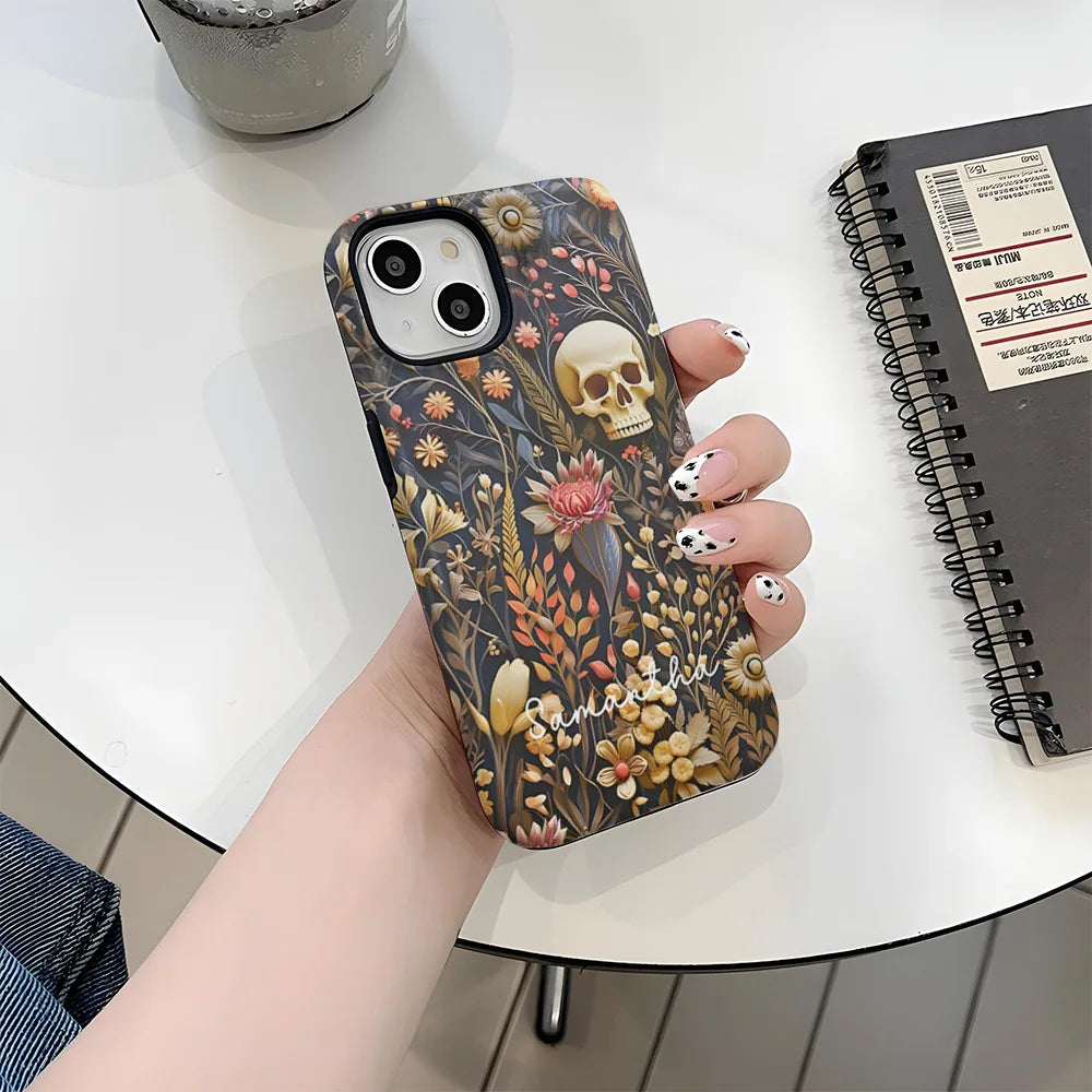 Fashion Embroidery Effect Skull Skeleton Phone Case For iPhone 16 15 Pro Max 16 Plus 2 in 1 Hard Protection Cover Funda