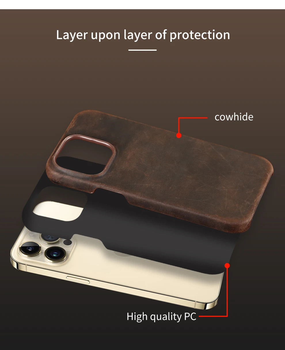 Retro Cowhide Phone Case for iPhone 16 15 14 Pro Max 16Pro 14Pro 15Pro Luxury Crazy Horse Genuine PULL-UP Leather Back Cover