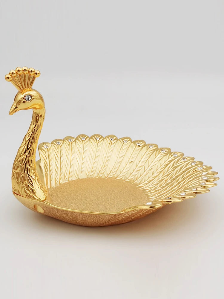 Pretty Gold Peacock Fruit Plate Luxury Zinc Alloy Tray Delicate Storage Plate for Candy Trinket Jewelry Snack Serving Home Decor