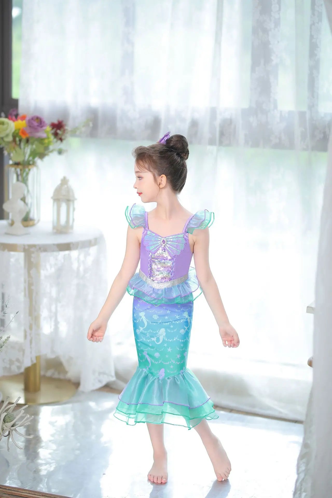Mermaid Princess Dress for Girls - Summer flutter sleeves Sequin Tulle Dress Sparkling Ocean Themed Party Gown