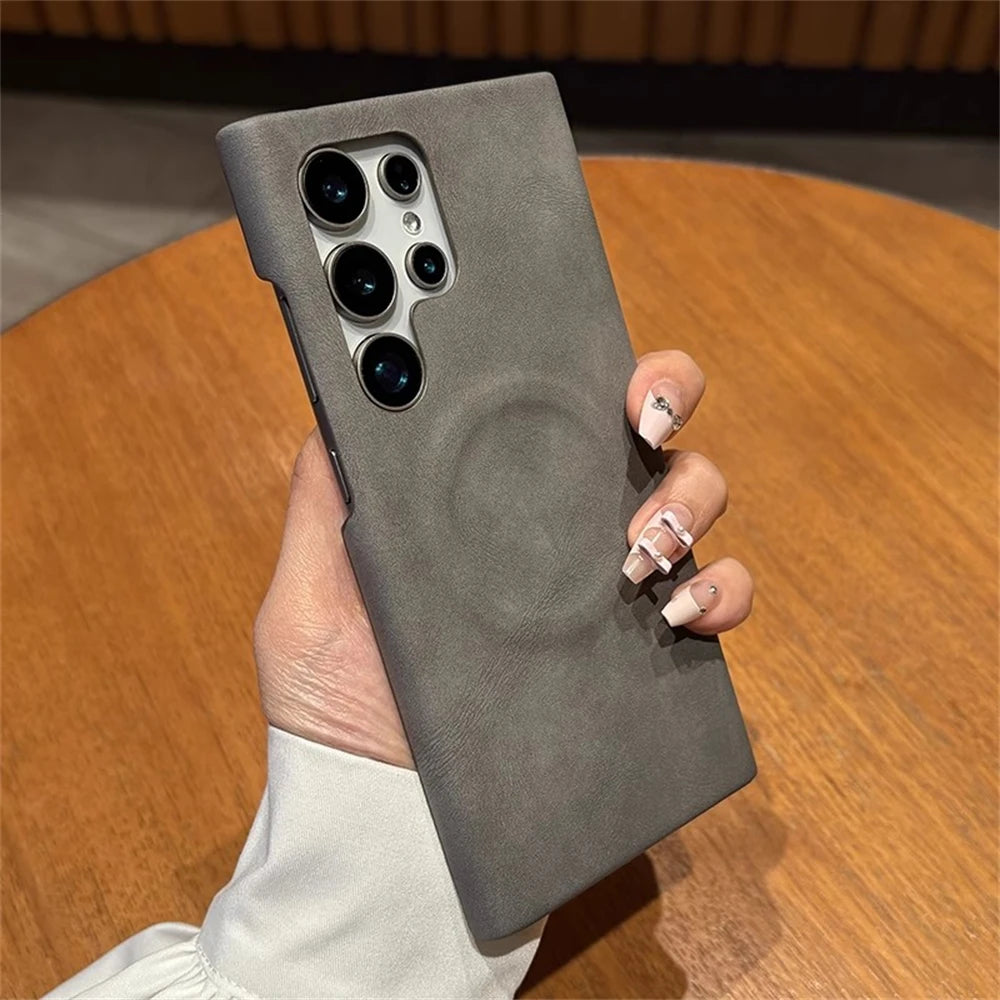 Luxury Leather  For MagSafe Wireless Charging Phone Case For Samsung S23 S24 S25 Ultra Lambskin Solid Color Hard Cover