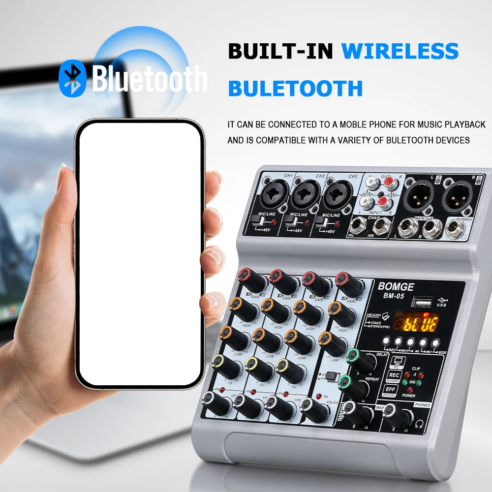BM05 DJ Mixing Console with Bluetooth USB Audio Interface and 48V Phantom Power