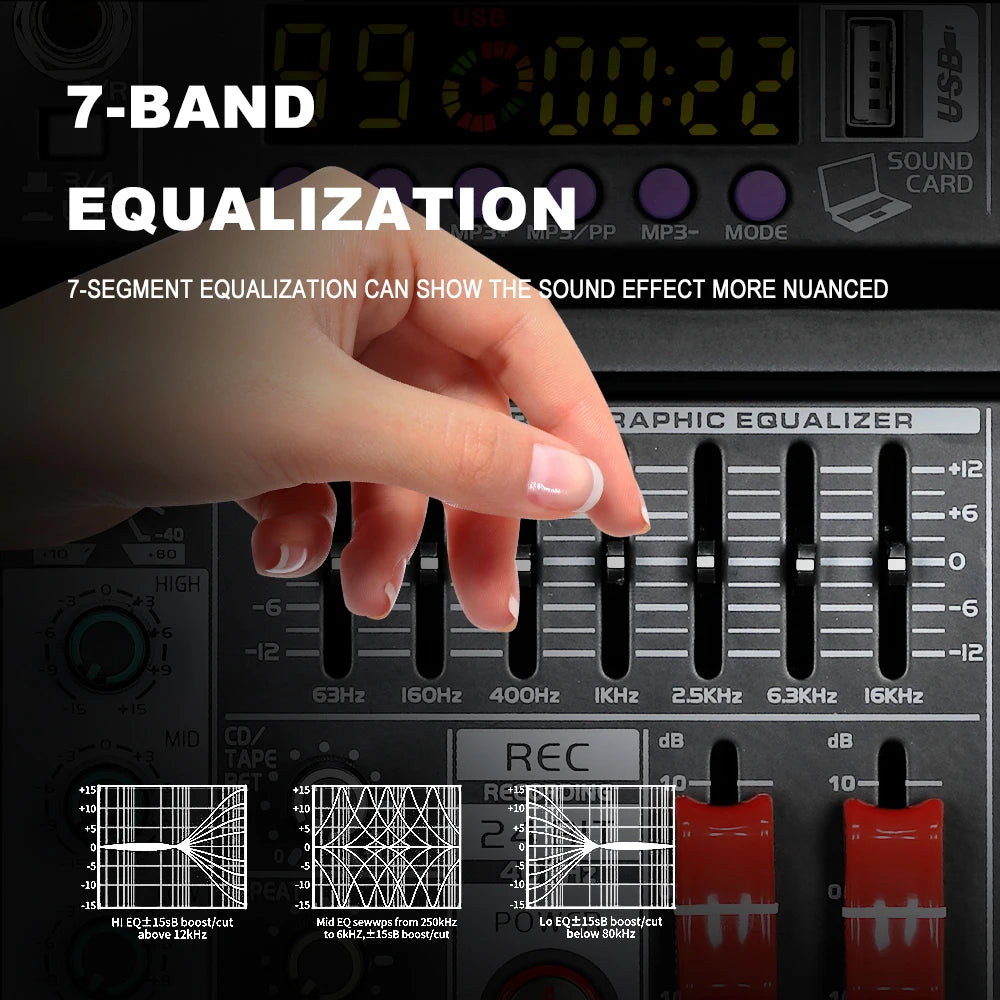 4 Channel Audio Mixing Console with 99 Band EQ USB Recording and Bluetooth