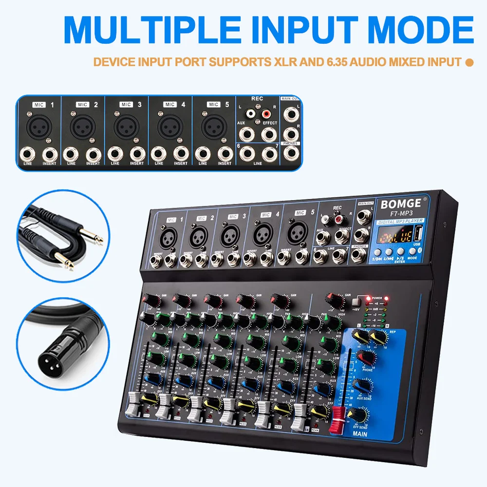 F7 Bluetooth Audio Mixer with USB Recording and 48V Phantom Power