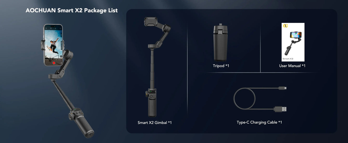 Smart X2 Black 3-Axis Handheld Gimbal Stabilizer With Extension Rod For iPhone And Android Smartphone Gimbal Stabilizer