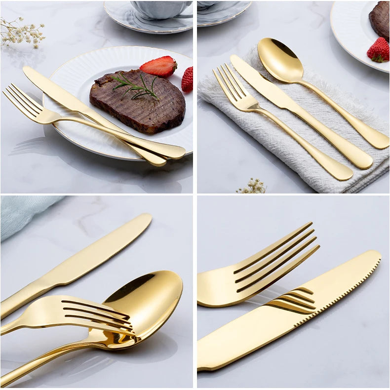 24pcs Golden Tableware Set Light Luxury Stainless Steel Cutlery Fork Knife Spoon Dinnerware Set Minimalist Decor with Gift Box