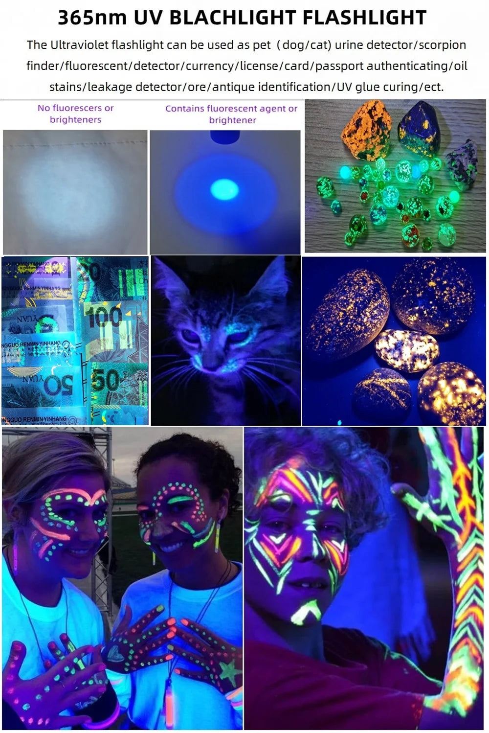 10W 365nm Dual Core UV Rechargeable Blacklight Flashlight