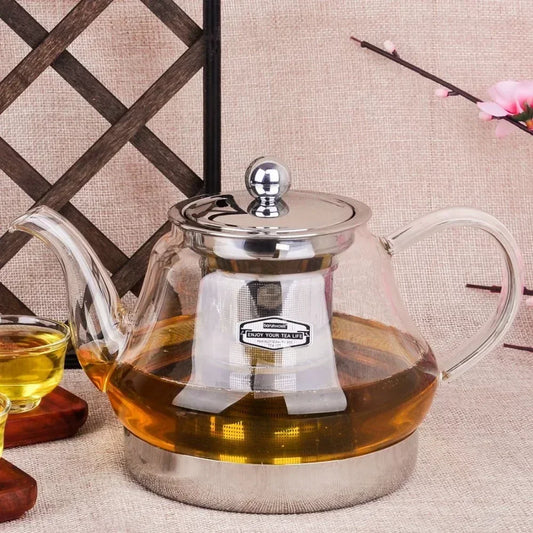 Heat Resistant Borosilicate Glass Teapot with Stainless Steel Infuser for Induction Cooker 1.2L