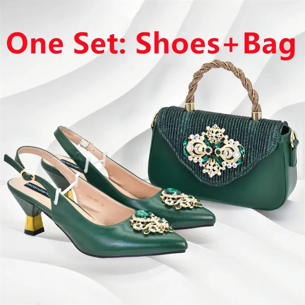 Latest Party Shoes and Bags To Match for Nigerian Luxury Pointed Toe Shoes with Rhinestones Party Ladies Shoes and Bag Set
