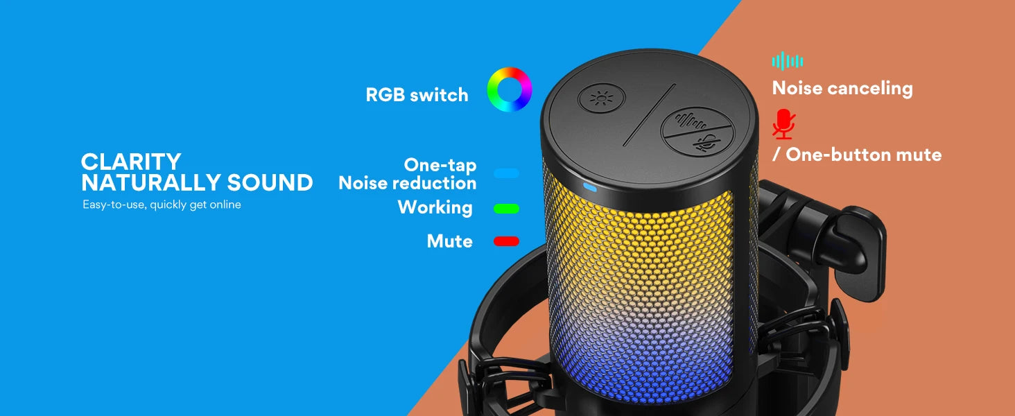 DGM20 Gaming Microphone,USB Microphone Condenser Mic RGB Gaming Mic with Noise reduction software,Mic Gain,One Key Mute