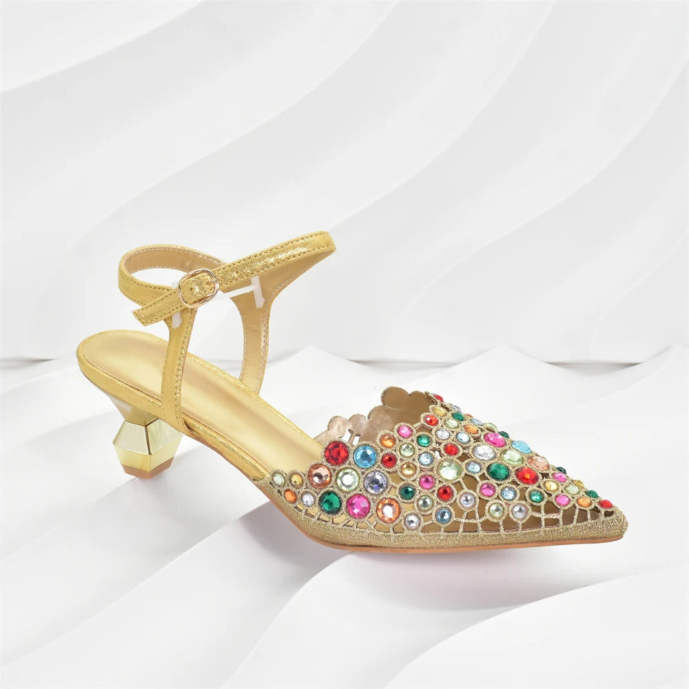 Italian Shoes and Bags Matching Set Rhinestones African Pointed Toe Women High Heel Evening Party Pumps Wedding Shoes Bride