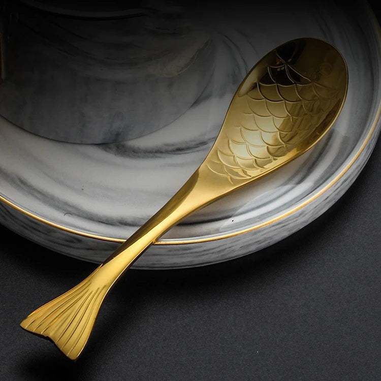 Cute Fish-Shaped Stainless Steel Soup Spoon, Food Grade Cutlery for Ice Cream Desserts, Creative Mermaid Spoon Kitchen Tableware