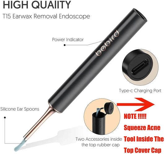 T15 Smart Visual Earwax Acne 2 in 1 Removal Tool With HD1080P Camera Ear Otoscope Cleaner IP67 Waterproof Endoscope