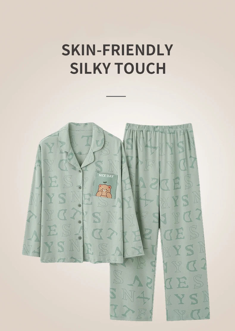 Women’s Winter 100% Cotton Pajama Set – Loose Fit, Turn-Down Collar, Long Sleeves, Cute Pink