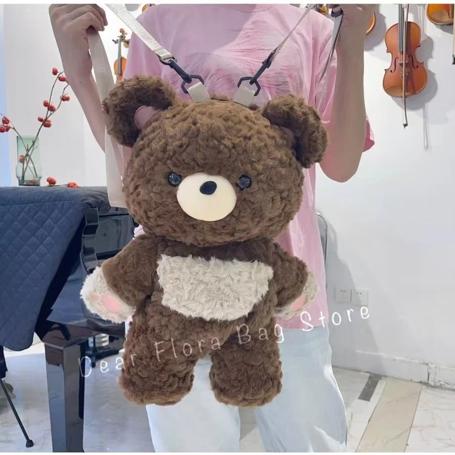 Y2K Cute Brown Bear Plush Backpack Soft Shoulder Bag