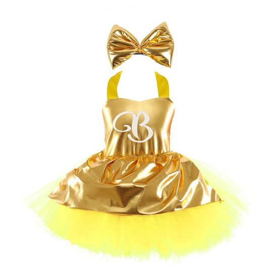 Golden Satin Tutu Dress with Bow Headband Birthday Party Costume