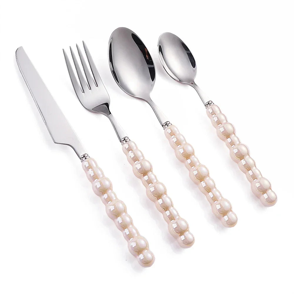 4Pcs Luxury Dinnerware Set Ceramic Pearl Handle Stainless Steel Spoon and Fork Set Western Silver Cutlery High-looking Tableware