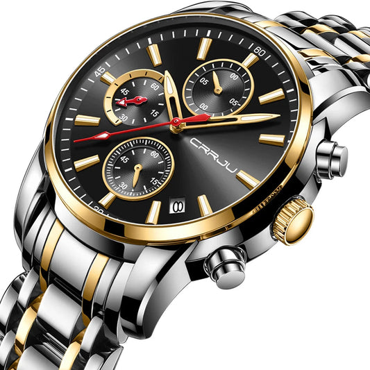 Men Watch Quartz Chronograph Full Steel Waterproof Wristwatch with Date