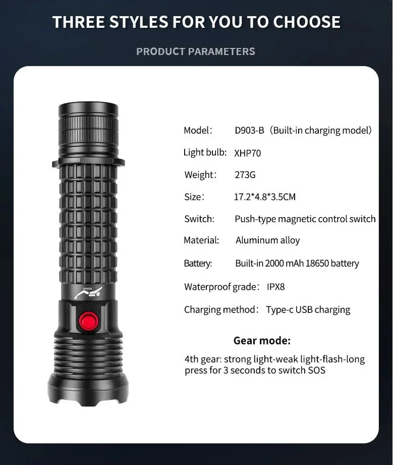 Rechargeable Diving Flashlight IPX8 Waterproof Underwater LED Torch Strong Light Dive Lamp