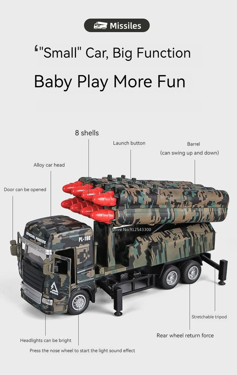 1/32 Missile Rocket Launcher Model Car Toy Metal Body Rubber Doors Opened Military Alloy Vehicle Models Ornaments Gifts for Boys