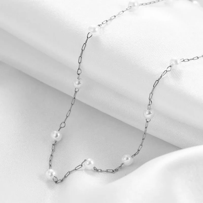 Pearl Necklace 18K Gold Plated Choker Necklaces Handmade Chain 45 cm