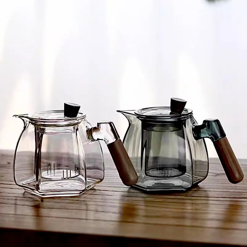 600ml Wooden Handle Hexagonal Glass Teapot with Tea Infsuer  Houshold Brewing Tea Pot Tea Ceremony Tea Maker Teaware
