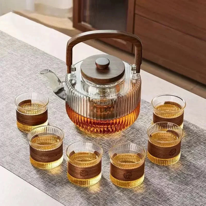 Large Capacity 1300ml Stripe Pattern Glass Teapot with Wooden Beam Handle