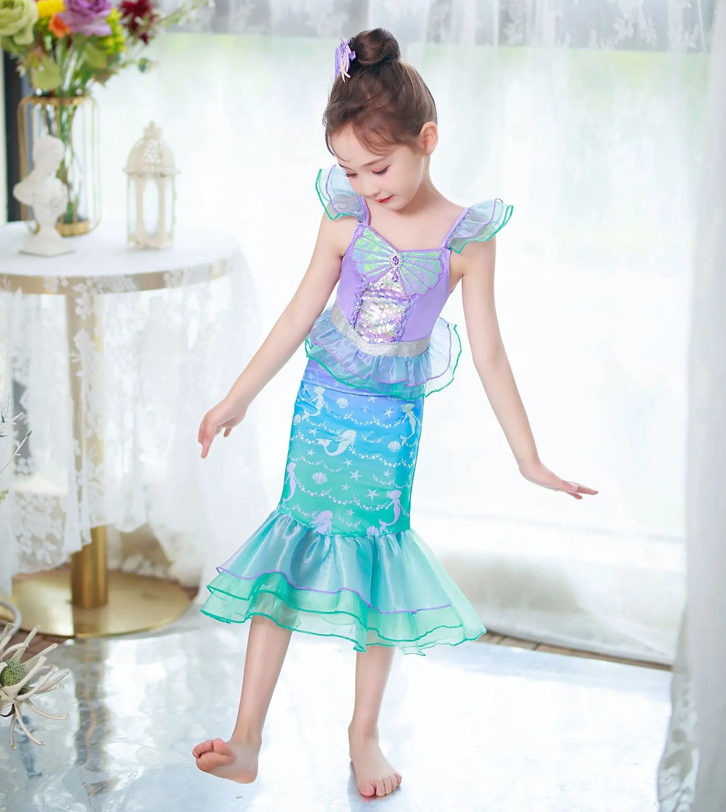 Mermaid Princess Dress for Girls - Summer flutter sleeves Sequin Tulle Dress Sparkling Ocean Themed Party Gown
