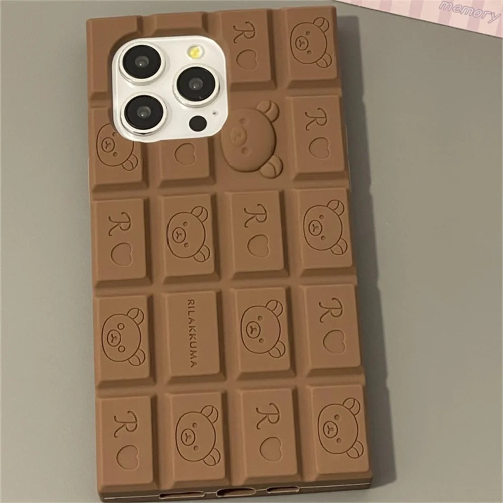 Cute Creative 3D Cartoon Bear Chocolat  Phone Case For iPhone 16 15 14 13 Pro Max Plus Funny Gift Girl Soft Silicone Covere