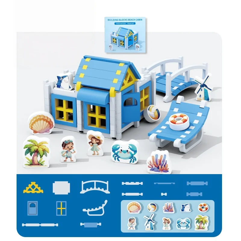 Wooden Beach Villa Building Blocks Construction Toy Set