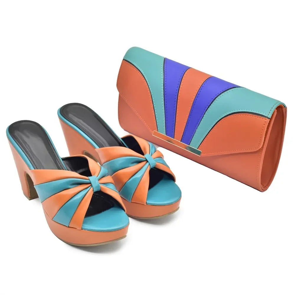 Italian Design Fashion African Women's High Heel Comfortable Shoes and Bags Set Leather Wedges Shoes for Women