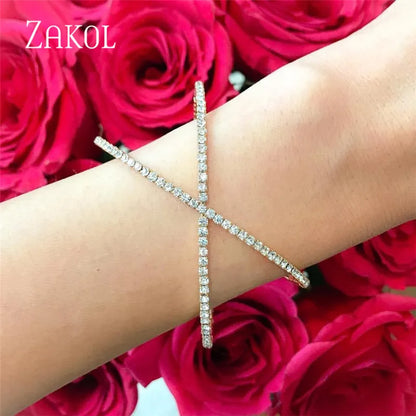 Luxury Cubic Zirconia X shape Cuff Bangles For Women Fashion Cross Girl