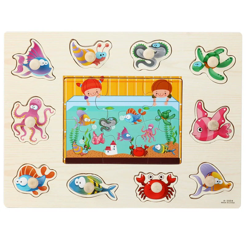 Montessori Wooden Puzzles Hand Grab Boards Toys Tangram Jigsaw  Educational Toys Cartoon Vehicle Animals Fruits 3D Puzzles