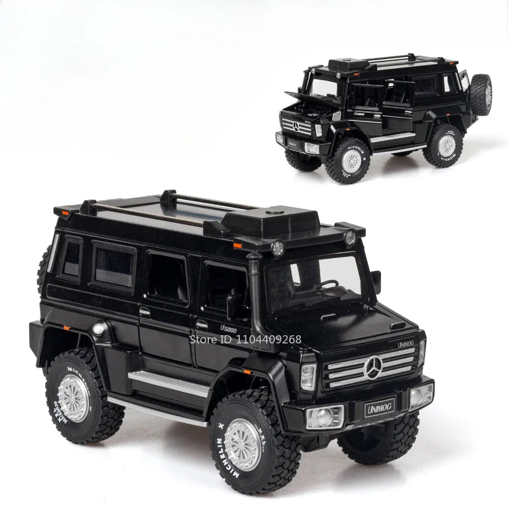 1:28 Scale UNIMOG Motorhome X-Class 6x6 U5000 Car Model Toy Sound Light Pull Back Doors Opened Off-road Vehicle Models Boys Gift