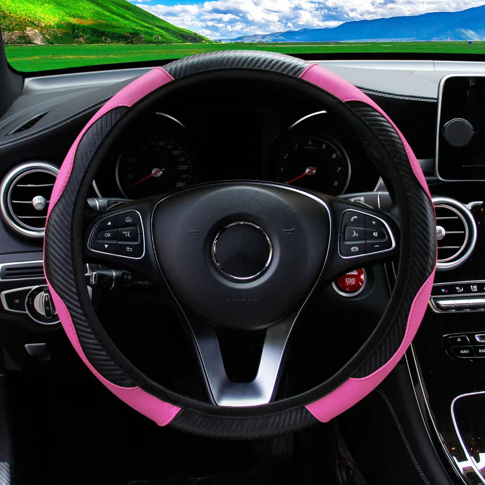 PU Carbon Fiber Leather Car Steering Wheel Cover 37CM 38CM