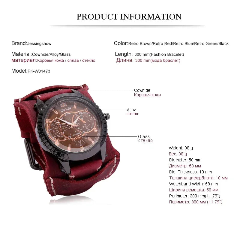 Men Watches Luxury Big Dial Quartz Lovers Watch Wide Genuine Leather Punk Bracelet Sport Wristwatch