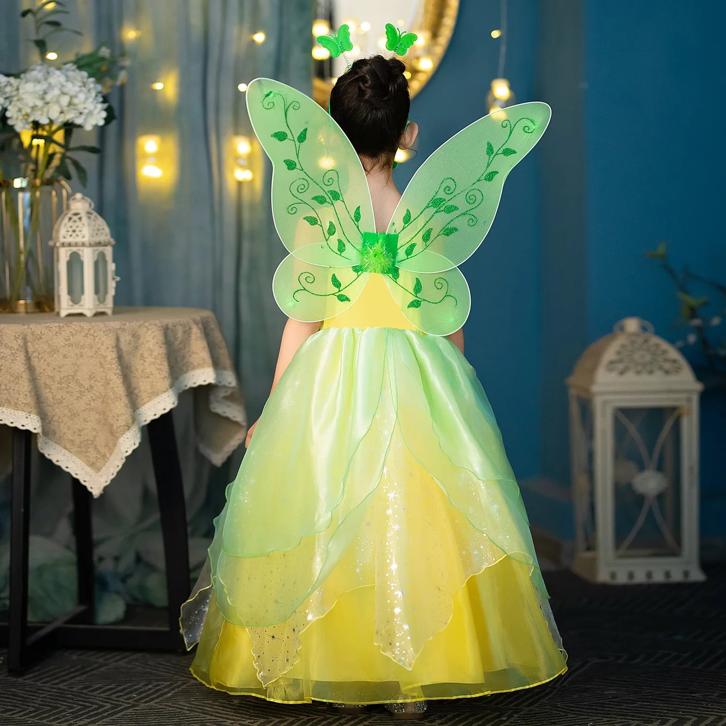 Layered Tulle Fairy Princess Dress Green Yellow Sling Party Costume