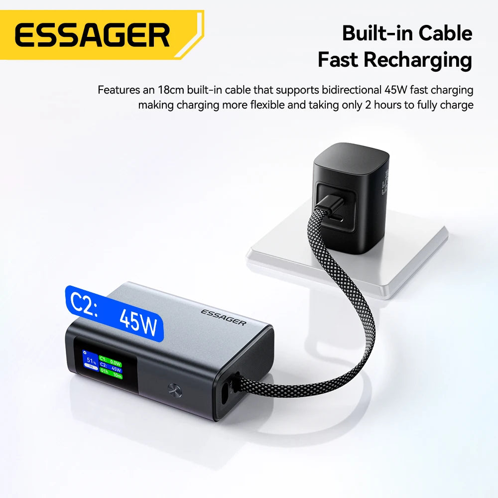 45W Power Bank 10000mAh Built-in USB C Cable Fast Charging Portable Battery with Digital Display